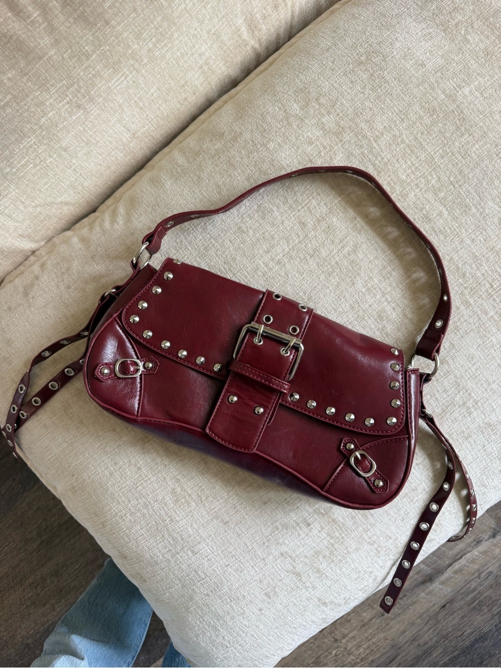 Stud-Accent Burgundy Shoulder Bag with Buckle Detail